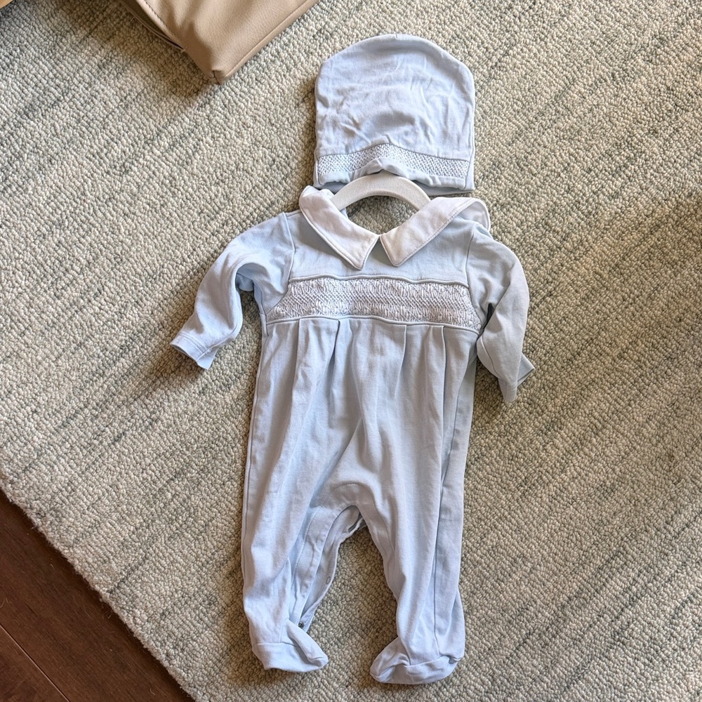 Kissy Kissy Light Blue Smocked One-Piece with Matching Hat